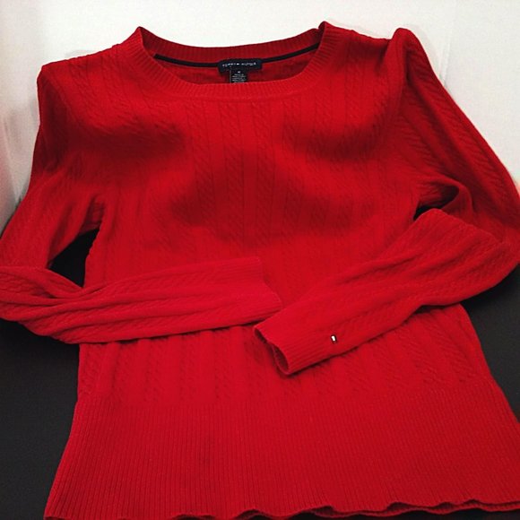 Y2k-2008 Tommy Hilfiger Ribbed Cable Knit Crewneck Sweater Ladies -M Cotton Red - Picture 3 of 8